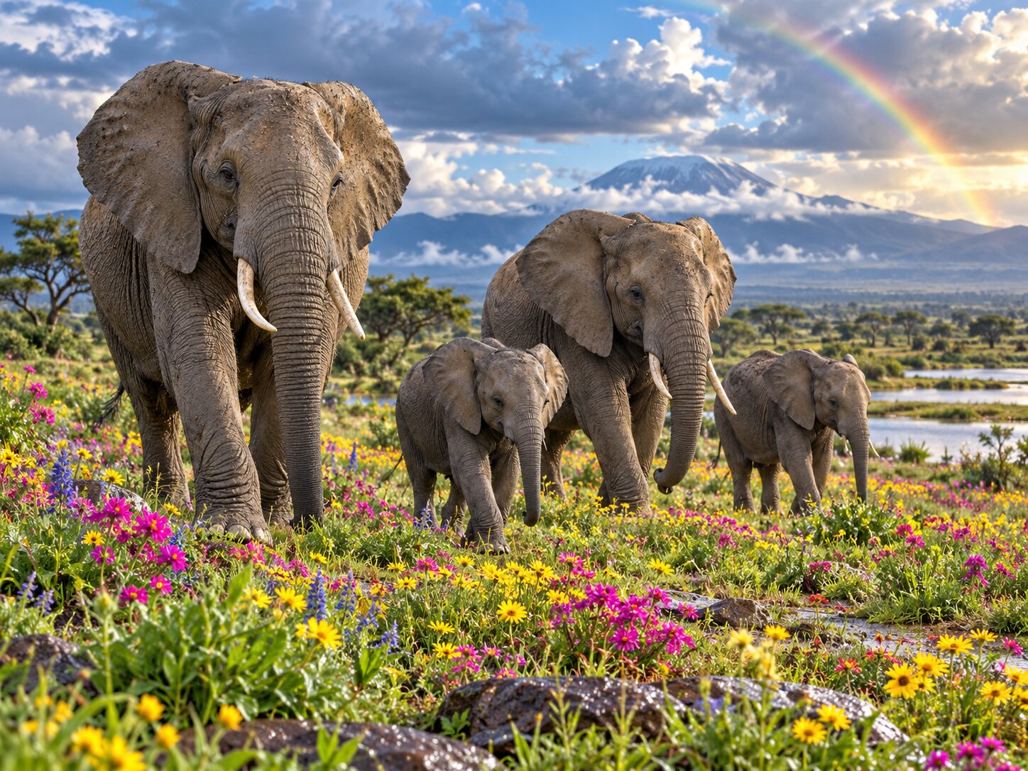 Elephants Wildflower Rainbow colourful online jigsaw puzzle