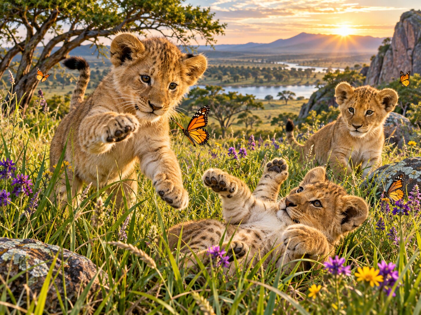 Lion Cubs Rainbow Grass colourful online jigsaw puzzle