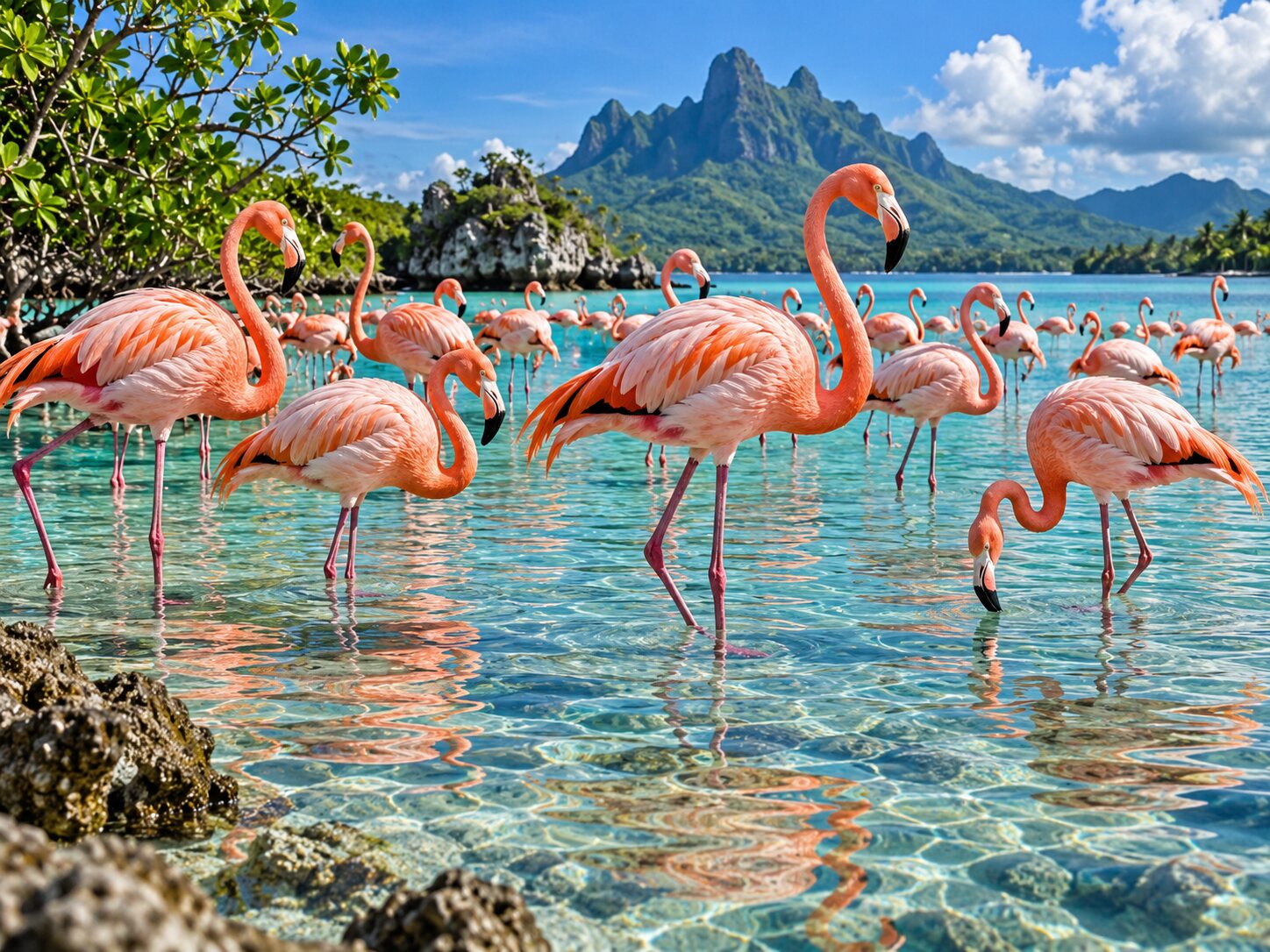 Flamingos Turquoise Lagoon colourful online jigsaw puzzle