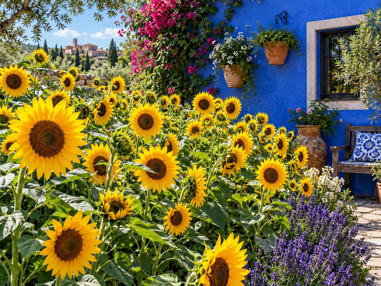 Sunflowers Blue Wall colourful online jigsaw puzzle