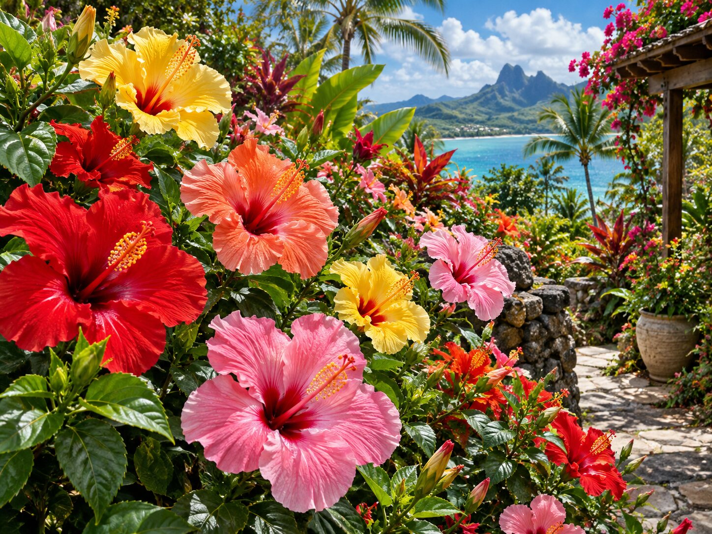 Tropical Hibiscus Garden colourful online jigsaw puzzle