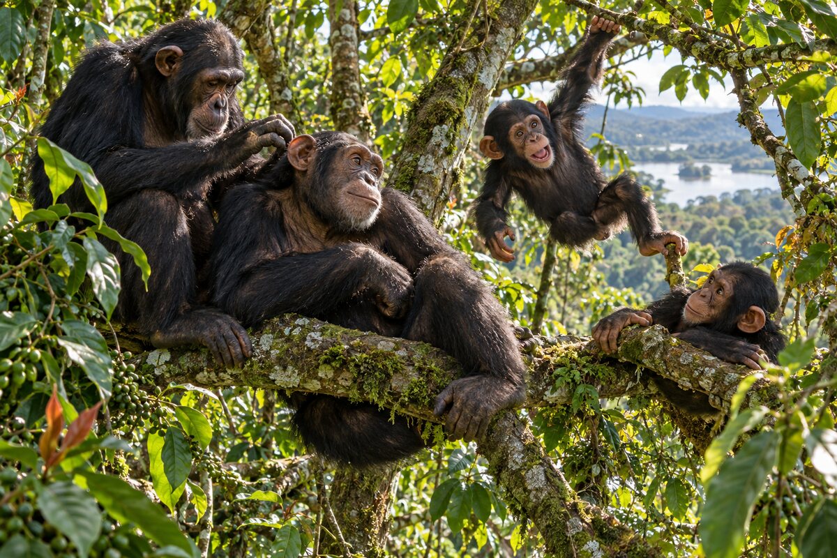 Chimpanzees together in a sunlit forest