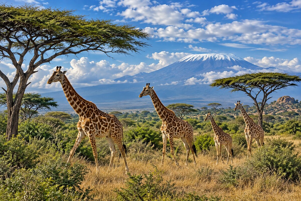 Giraffes walking among acacia trees