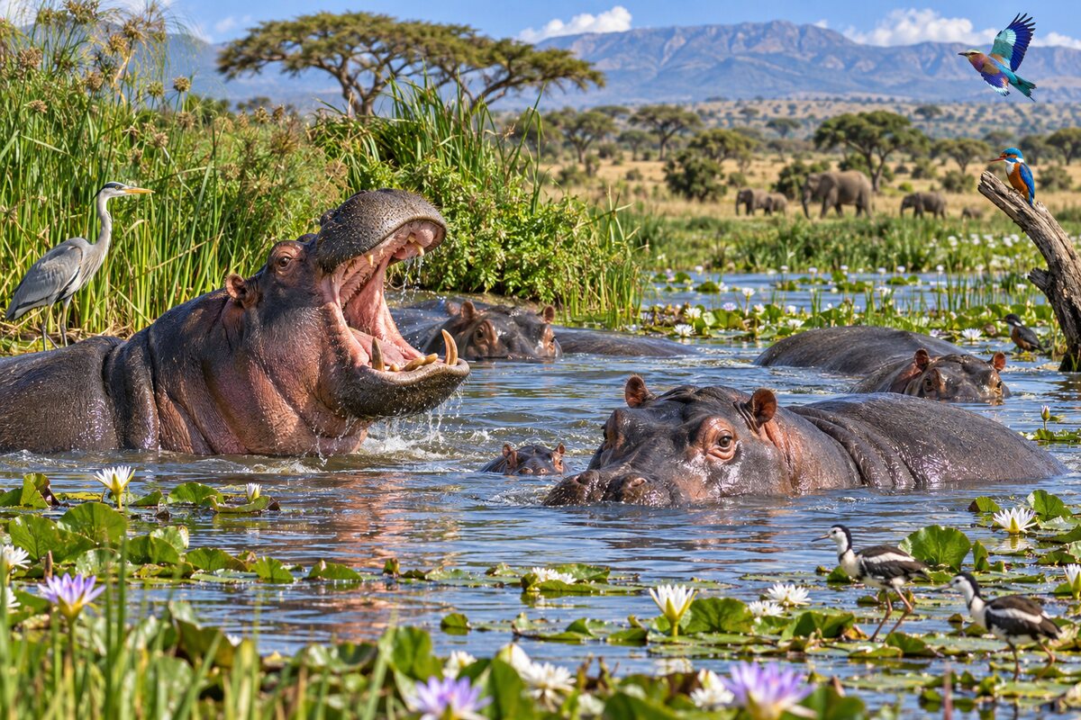 Hippopotamuses resting in an African river