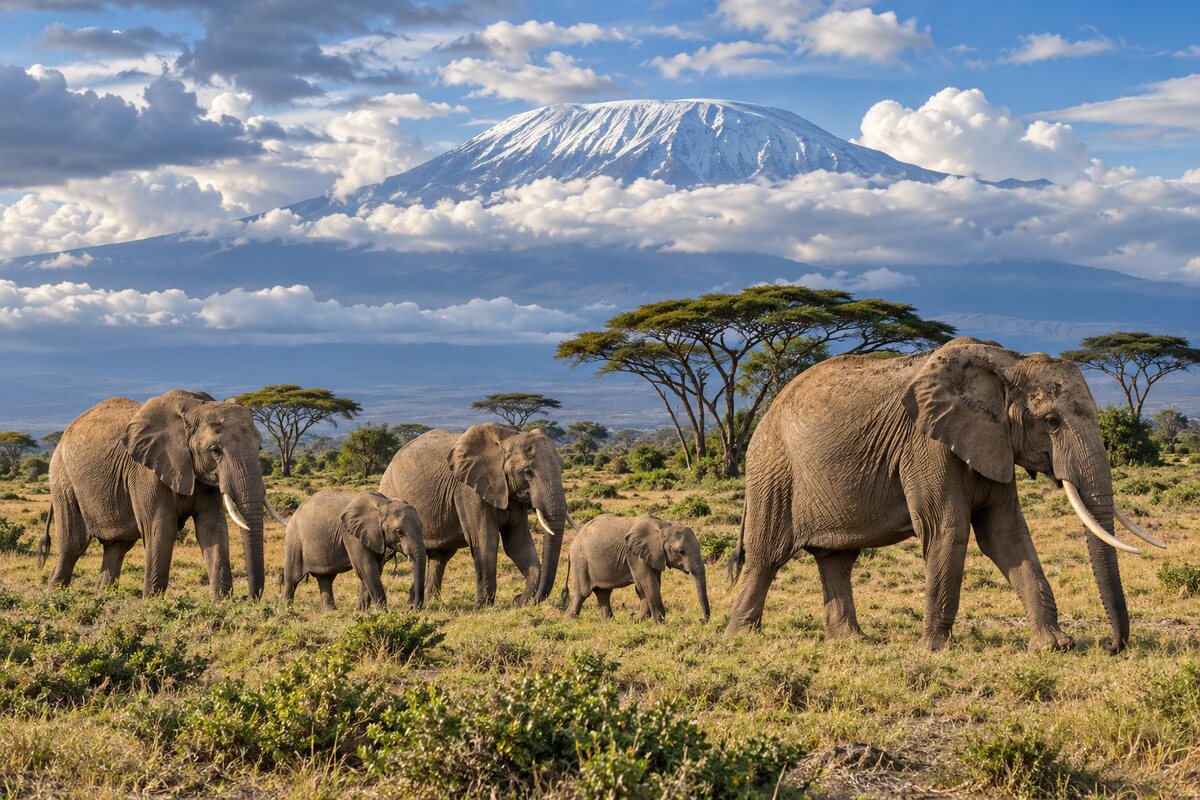 Elephants crossing plains below Mount Kilimanjaro