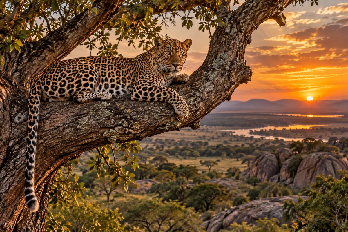 An African leopard resting on a tree branch