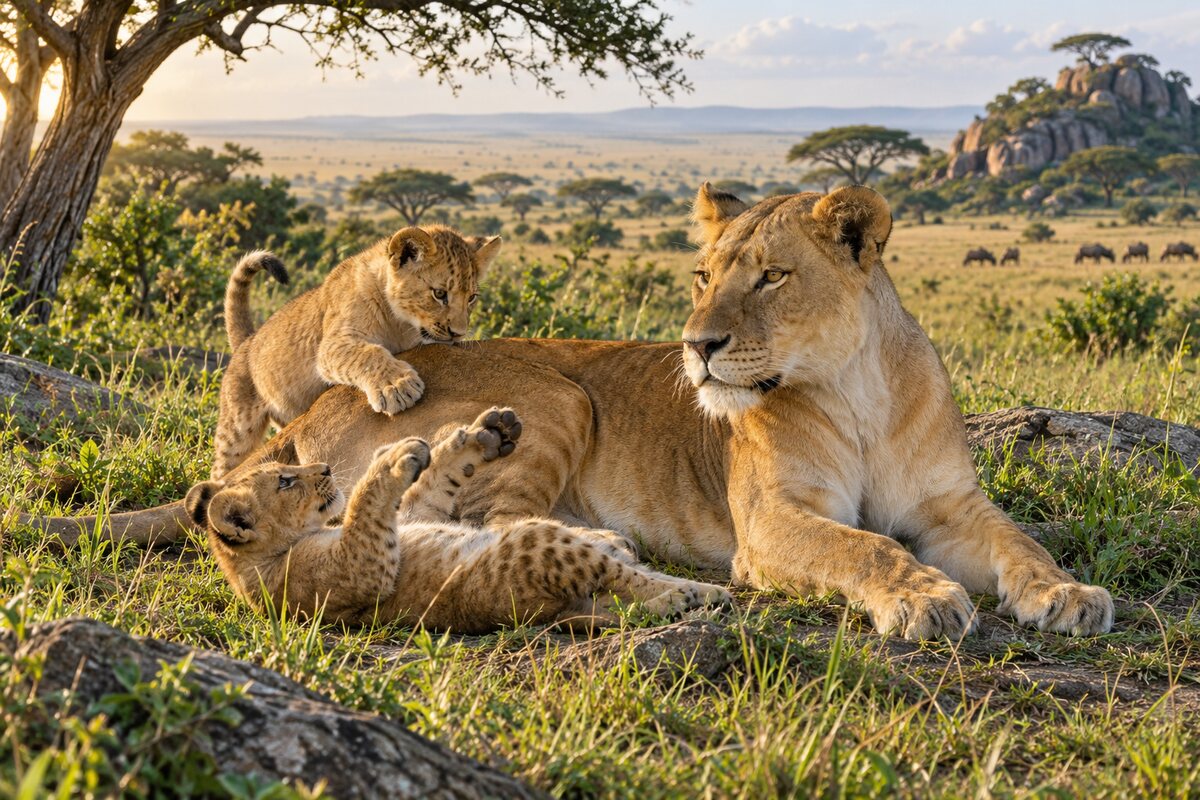 A lioness resting with playful lion cubs