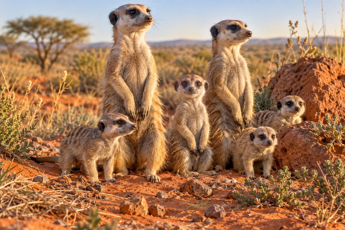 A meerkat family standing on red sand