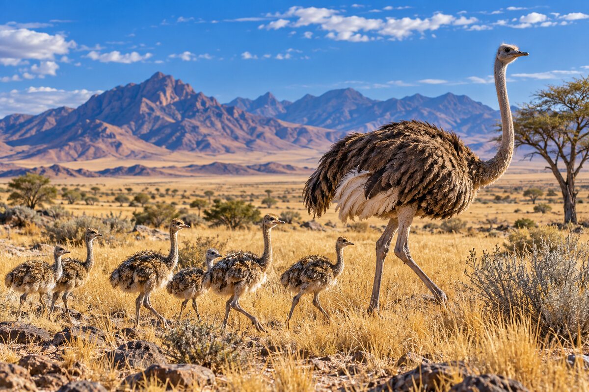 An ostrich family on open African plains