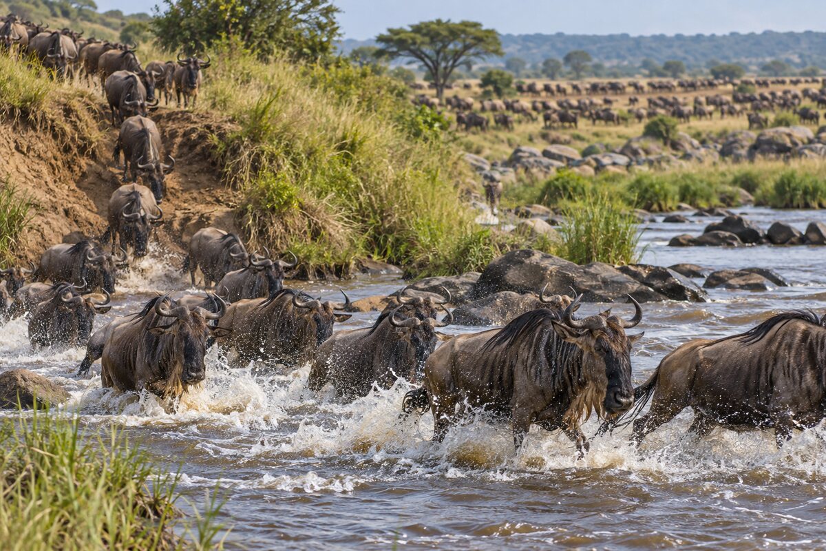 Wildebeest crossing a river during migration