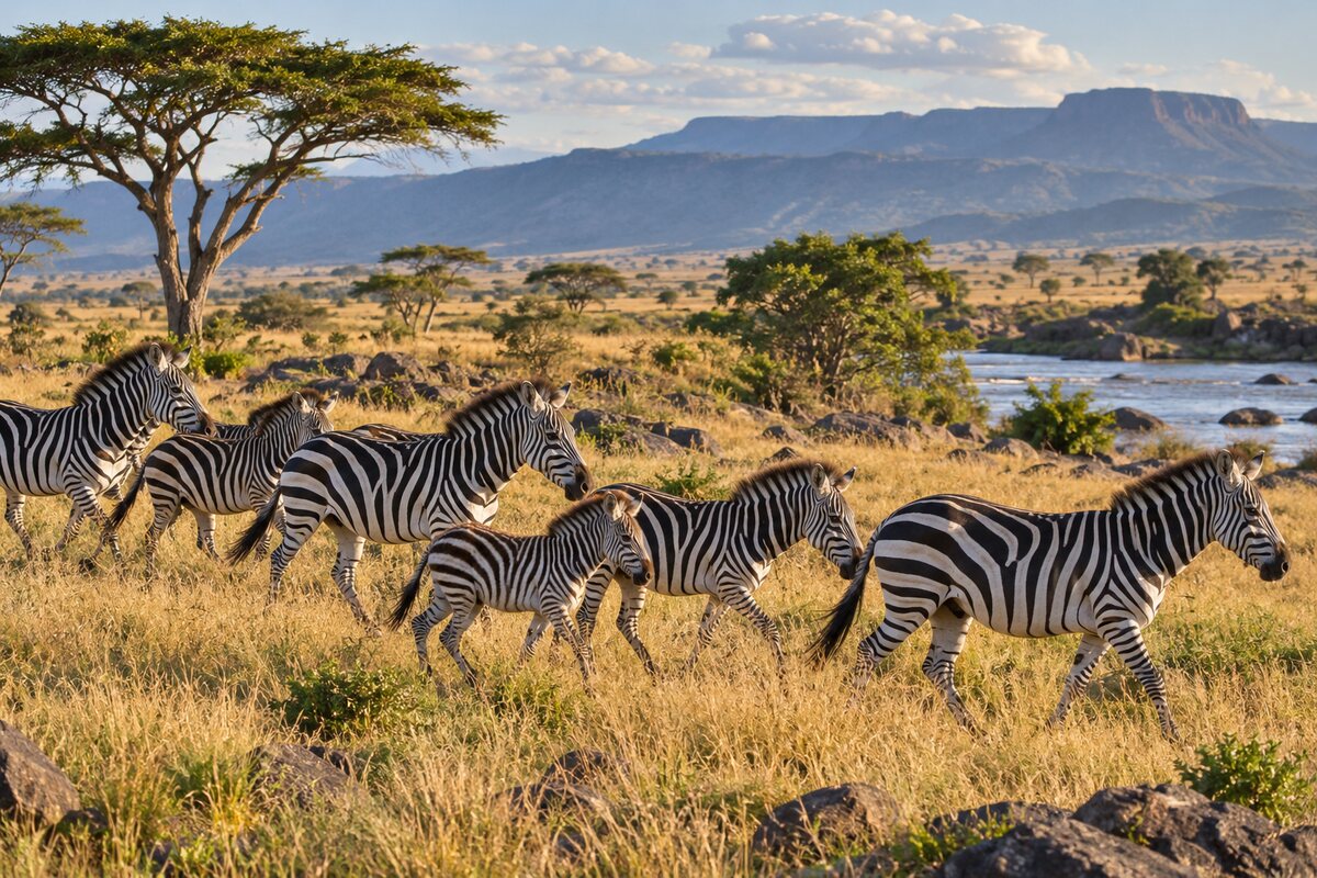 A herd of zebras crossing golden grassland