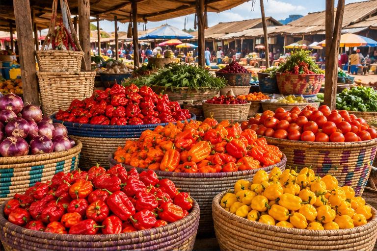 Colourful woven baskets and peppers in an African market